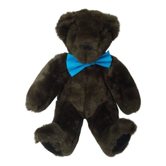 Vermont Teddy Bear 14" Plush Chocolate Brown Stuffed Animal Toy Blue Bow Tie - Picture 1 of 12
